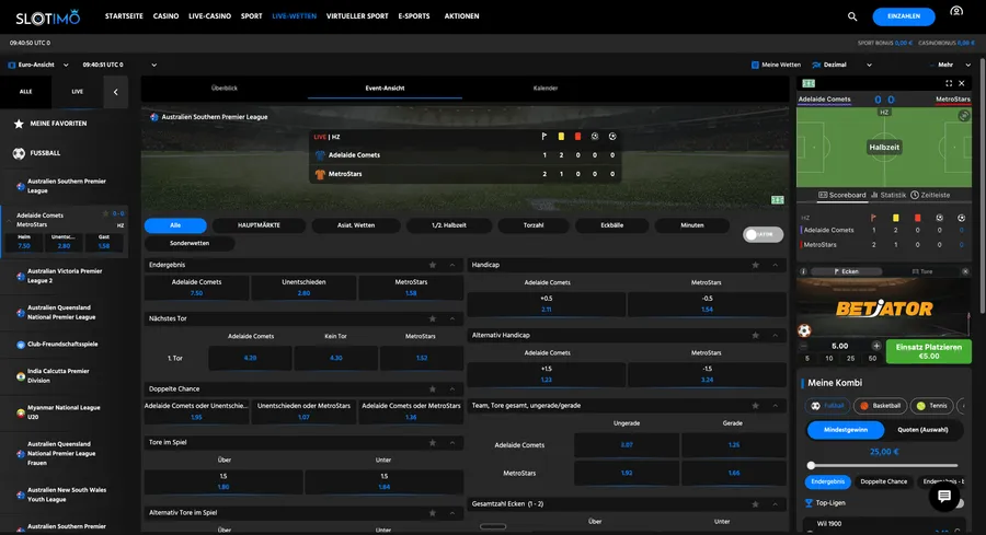 Página de um jogo ao vivo com o widget do Betiator visível na coluna lateral, junto aos mercados de futebol