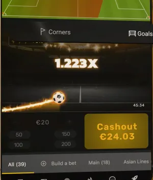 Widget do Betiator com o separador Goals ativo, multiplicador em 1,223× e o botão de cash out disponível a marcar 24,03 €