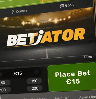 Ecrã do Betiator com 15 € carregados na aposta e os botões rápidos de 50, 100, 150 e 200 logo abaixo, antes de confirmar em Place Bet