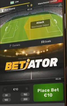 Vista geral do widget do Betiator, com o campo, a placa de Attack e os separadores de cantos e golos antes de colocar a aposta